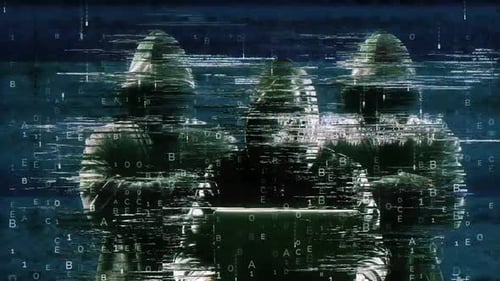 Glitch Text Reveal with Hooded Figures and Digital Code