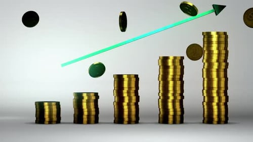 Finance Growth Concept with Green Arrow and Coin Stacks – 4K Loop