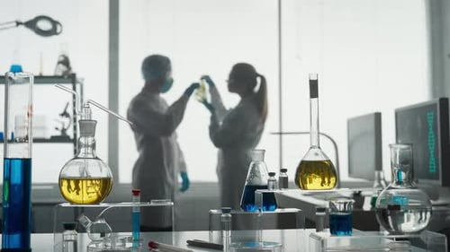 Modern Medical Research Laboratory Two Scientists Working Together Analyze a Plant Sample in an
