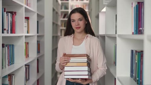 Young Teacher with Folio Stack in Library