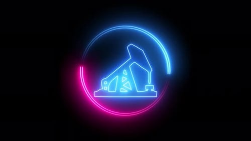Oil pump or pump jack icon with glowing neon line isolated on black background. Vd 1356