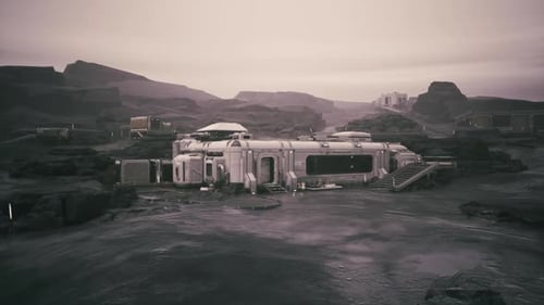 Colonist Base Established on a Distant Planet Under a Cloudy Sky