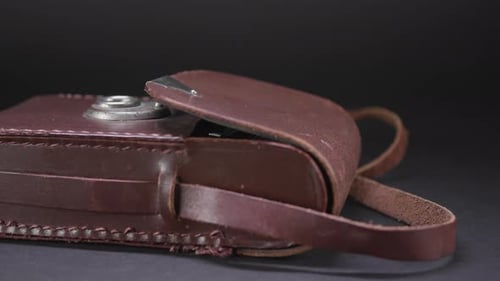 Vintage Brown Leather Camera Case Close Up