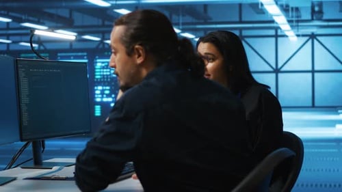 Multiethnic Colleagues Overseeing Supercomputers in Data Center