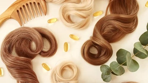 Blond Brown Shiny Wavy Hair on White Background Shiny Woman Hair Strand Curl Hair Care and Beauty