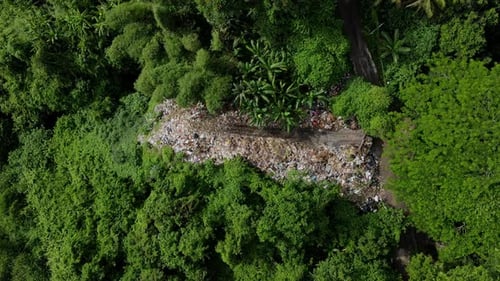 Pile Of Garbage Dump Amidst Tropical Forest In Bali, Indonesia. Aerial Drone Shot