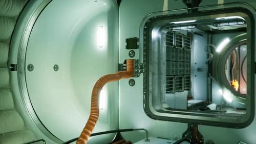 Innenansicht eines Raumstationsmoduls mit Verbindungsrohren und Ausrüstung