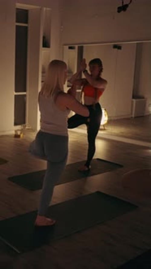 Femmes à écran vertical participant à un cours de yoga effectuant une pose d'arbre