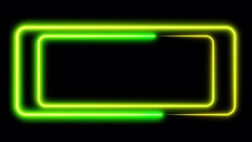 Double neon frame green and yellow lights motion loops square on black background 3d render. Neon