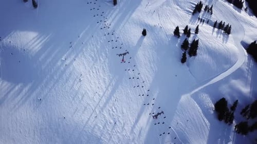 Aerial view of a ski slope in a ski resort in the Tyrolean Alps in Austria