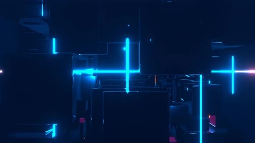Fantastischer rotierender neonfarbener Cyber-Konstruktionshintergrund, VJ Loop in 4K, Blau, Rosa und Orange