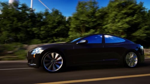 3D render of generic electric car drives on a Road with wind turbines in the background
