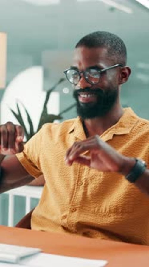 Creative agency, relax or black man in office, smile or completed assignment for publication