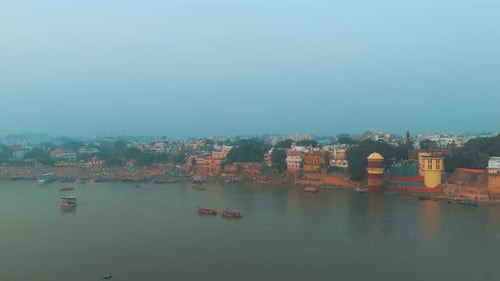 Beautiful morning drone shot over Varanasi, showing the Ganga River