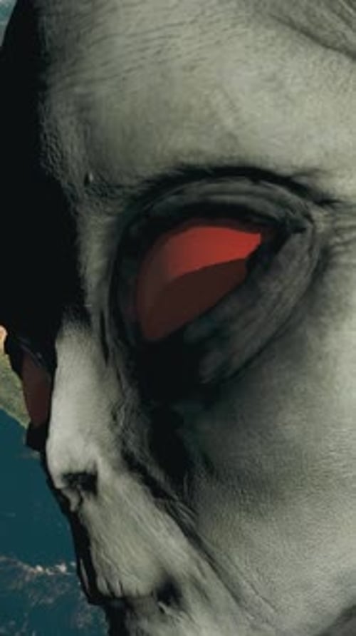 Rotating Alien Head Over Earth in Space