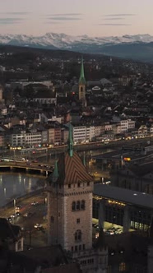 Aerial video of an urban urban landscape in Zurich, Switzerland