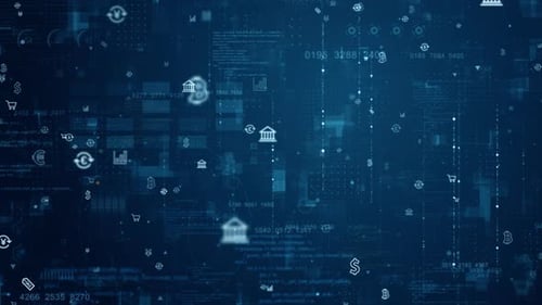 Blue money icon and data matrix simulation digital grid line with futuristic HUD screen