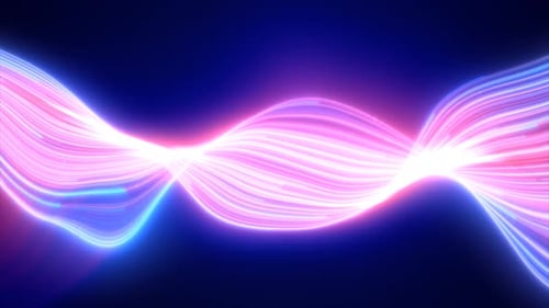 Abstract bright blue purple glowing flying waves from twisted lines energy magical background