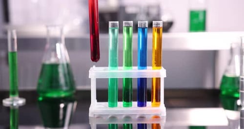 Scientist putting test tube with red liquid into stand at table in laboratory, closeup