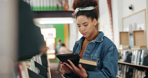 College, African woman and book with tablet in campus library for fact check study or online course
