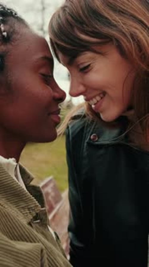 Vídeo vertical, pareja besándose en el banco del parque