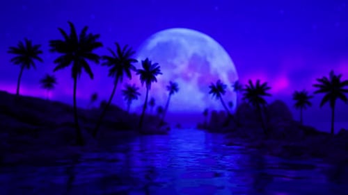 Retro Synthwave Night Landscape with Palm Trees and Moon