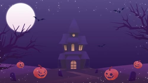 Animated Halloween Night Scene with Haunted House and Pumpkins