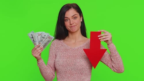 Upset Woman Showing Red Arrow Pointing Down Concept of Downgrade Bankruptcy Money Dollar Fail Fall