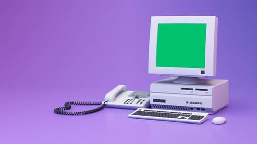 Retro Computer Setup with Telephone on Purple Background