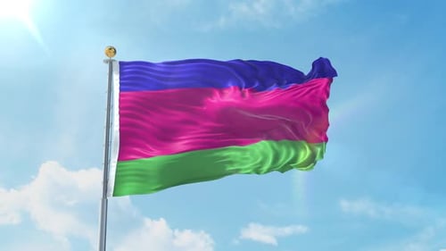 Realistic Flag Waving in Blue Pink Green Stripes Against Sky