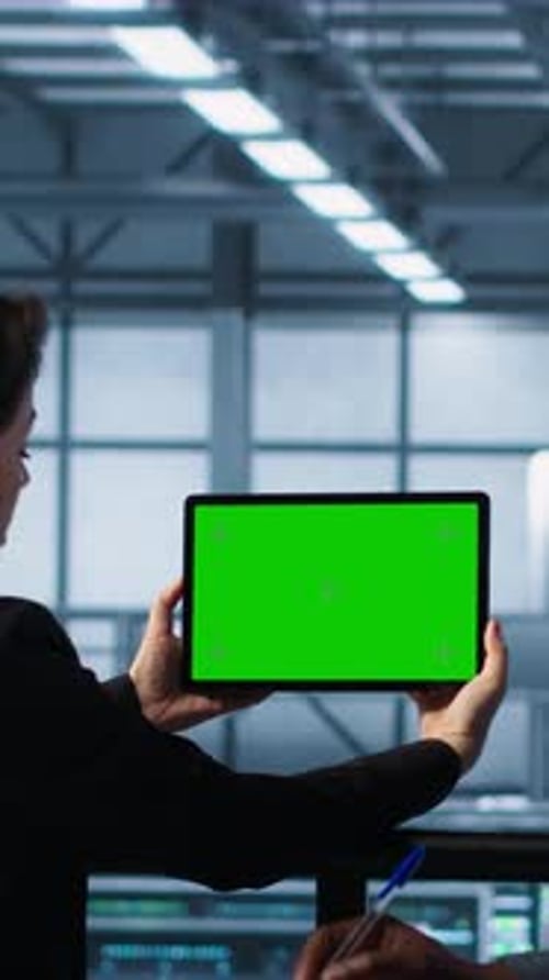 Vertical Video Data Center Colleagues Using Green Screen Chroma Key Device to Monitor Facility