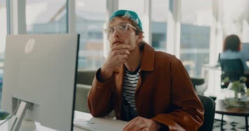 Thinking, computer and idea with business man in office for web designer, planning and reflection
