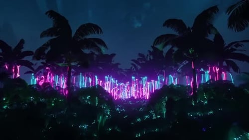 Neon Background with Purple and Blue Neon Dark Jungle and Tropic Plants Loop Animation