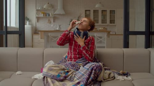 Unwell Lovely Black Woman Suffering From Runny Nose Taking Medicine Indoors
