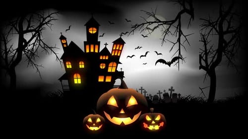 Spooky Halloween Haunted House Animation with Jack-o'-Lanterns and Bats