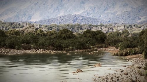 Ruhiger Fluss, der mittags unter klarem blauem Himmel durch eine felsige Landschaft fließt