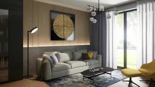 A cozy place in the interior with a sofa and an armchair near a large window, in a modern style.