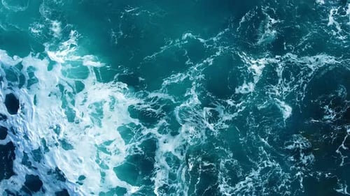 Pure Blue Ocean Water Waves with Light Reflections at Slow Motion Powerful Storm on the Sea