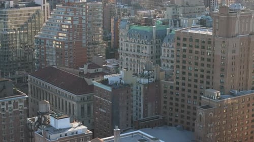 Aerial view of building exteriors in New York City