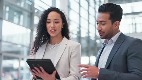 Business people, walking and tablet for planning, advice and teamwork or b2b support in stock market