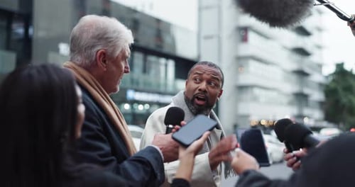 News reporter, press and angry politician in street for policy critique
