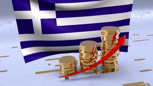 Greece Flag With Gold Coins Tower And Up Arrow