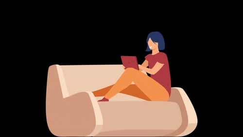 Relax Woman With Laptop On Sofa 4K On Alpha Channel