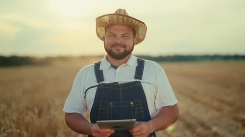 Bearded Farmer with Tablet in Golden Wheat Field
