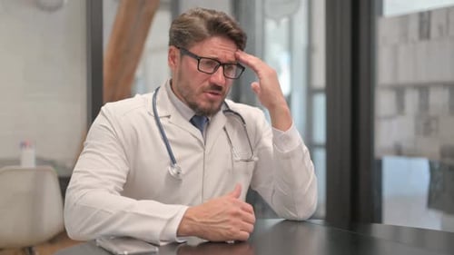 Tired Young Doctor with Headache in Clinic