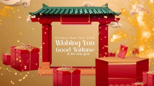 Festive Chinese New Year Gate Opening with Text Reveal Animation