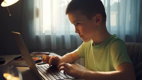 Boy sitting at the desk doing homework at home using laptop.