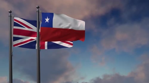 Realistic United Kingdom and Chile Flags Waving in Natural Sky