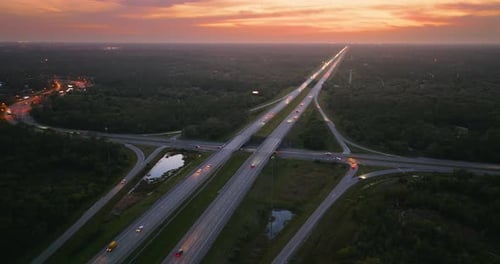 American Highway Bridge with Fast Moving Traffic in Evening Interstate Transportation Concept