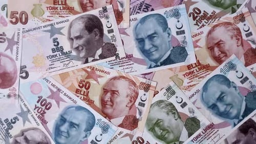 Money, currency of Turkey, lira banknotes of various denominations. Turkish money